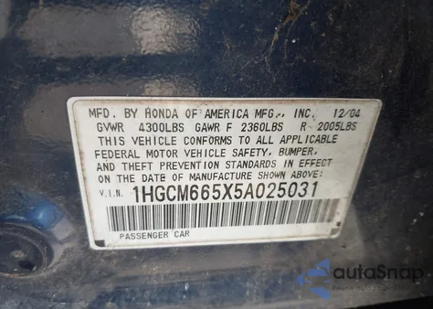 2005 Honda Accord 3.0 Ex from USA, damaged, VIN 1HGCM665X5A025031